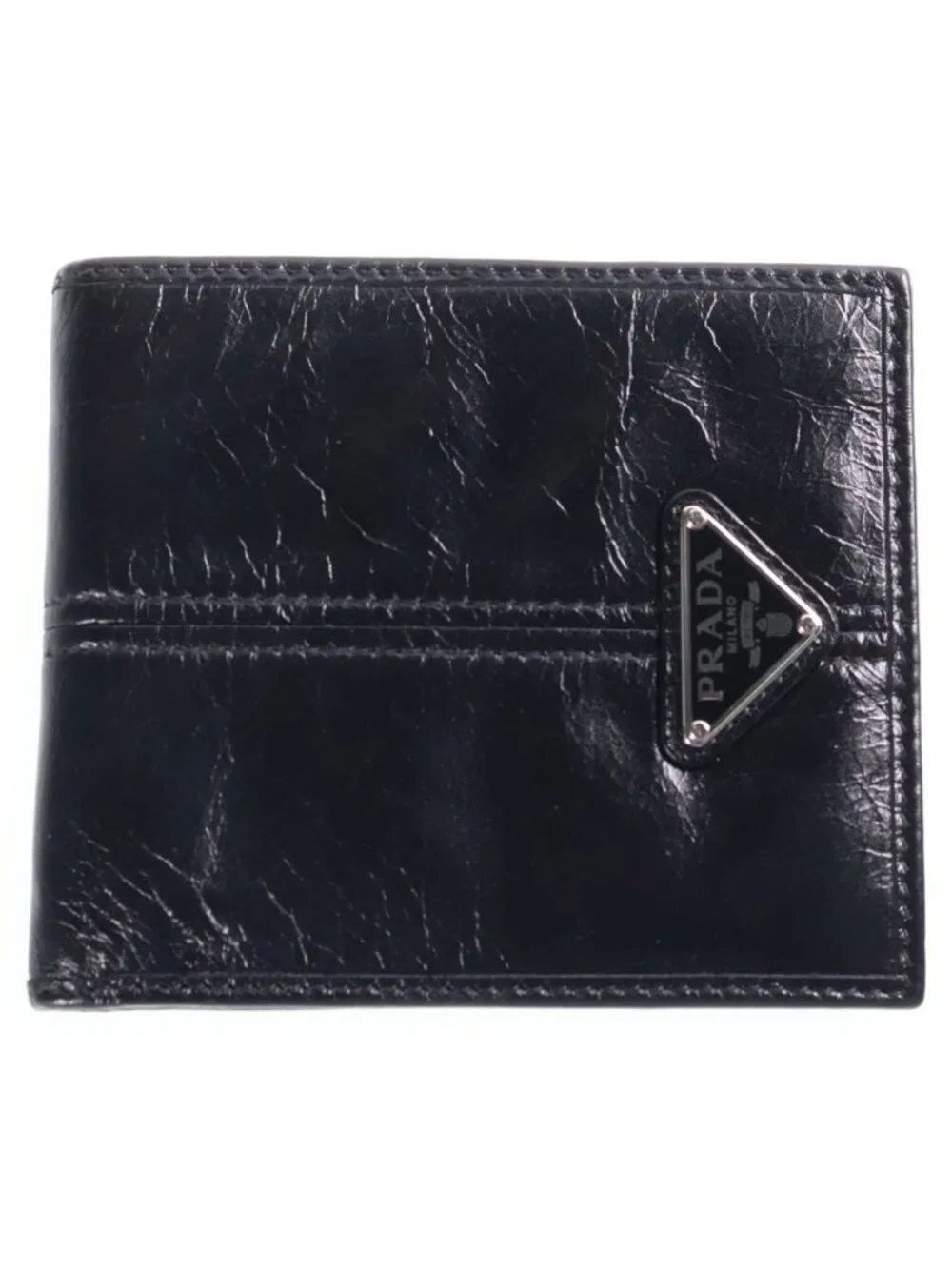 Prada Triangle Logo Bifold Wallet Compact Card Case Black Leather